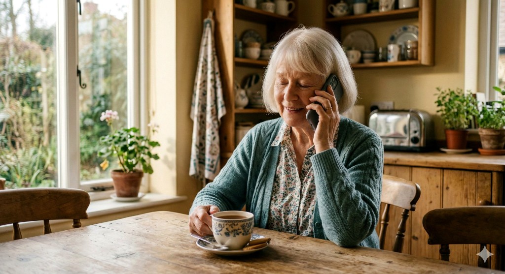 Schritt 1 Kontaktaufnahme: Seniorin telefoniert entspannt in ihrer Küche – Erstkontakt mit dem Deutschen Pflegewerk