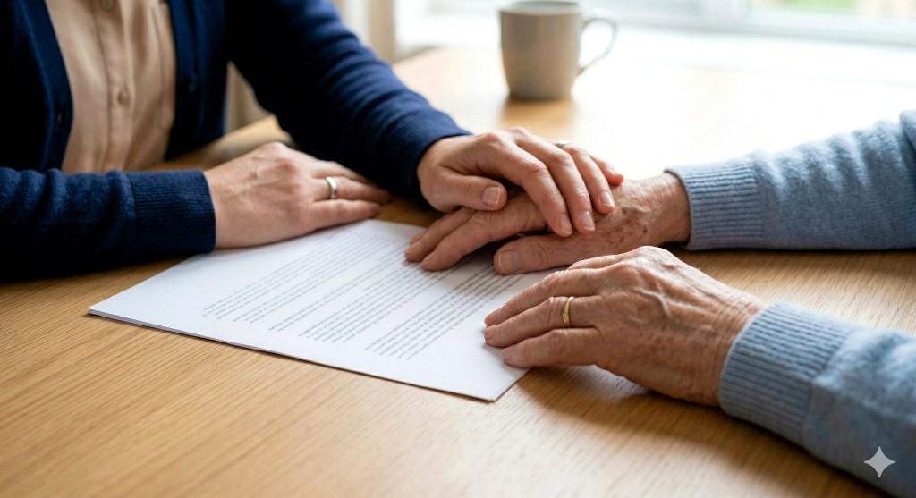 Schritt 3 Pflegeplan: Beratung am Tisch – Pflegekraft legt unterstützend die Hand auf die Hand eines Seniors, gemeinsam wird ein Dokument betrachtet