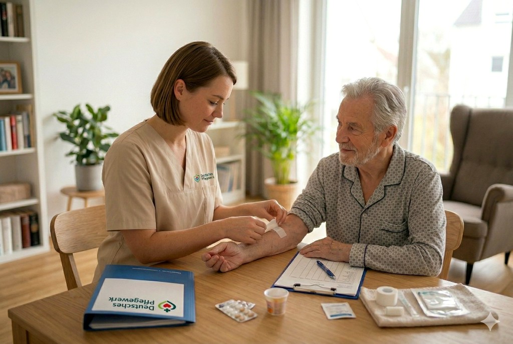 Ärztliche Krankenpflege – Verbandswechsel zuhause am Tisch, Unterlagen Deutsches Pflegewerk
