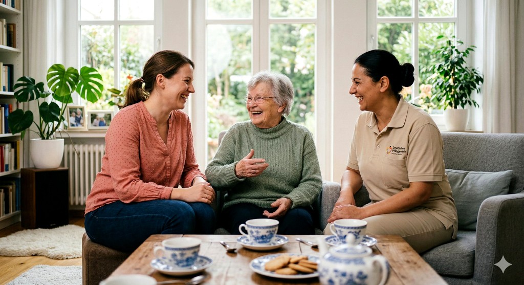 Betreuung – gemeinsames Gespräch bei Kaffee und Tee mit Pflegekraft und Gästen, Logo Deutsches Pflegewerk