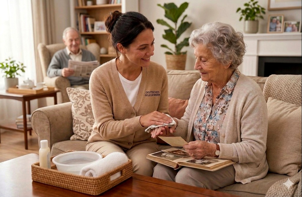Häusliche Versorgung – Pflegekraft und Seniorin im Wohnzimmer mit Fotoalbum, Logo Deutsches Pflegewerk