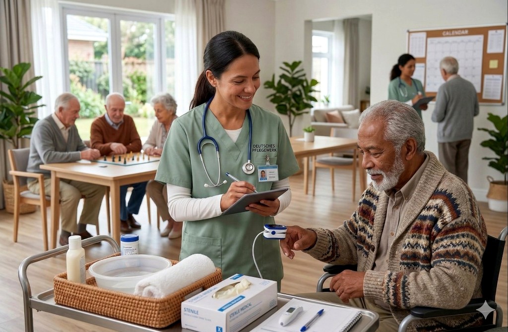 Pflegeteam mit medizinischer Ausstattung und Senior im Rollstuhl – Deutsches Pflegewerk