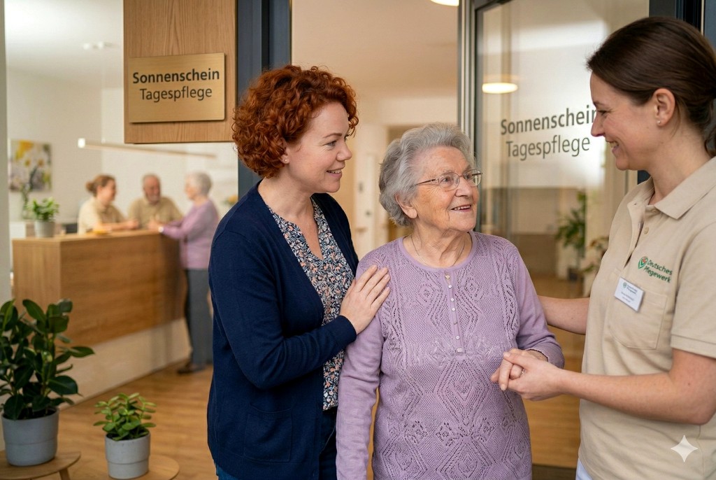 Tagespflege – Empfang mit Seniorin und Angehörige, Mitarbeiterin Deutsches Pflegewerk