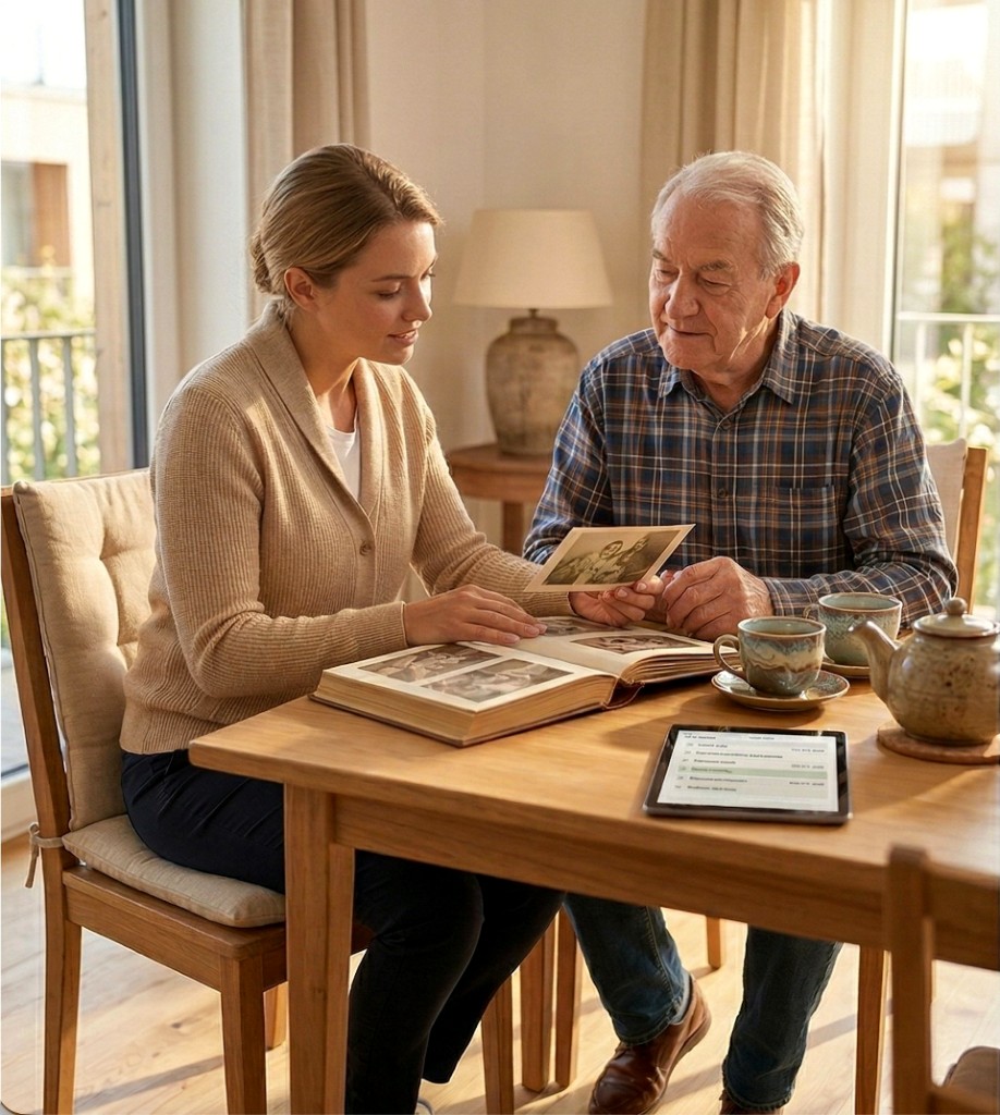 Bezugspflege – Senior und Pflegekraft gemeinsam am Tisch mit Fotoalbum und Tee, vertrauensvolle Begleitung zuhause