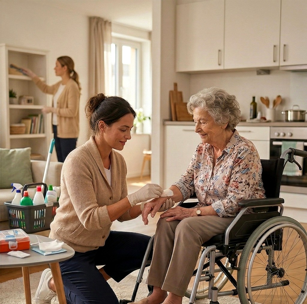 Entlastete Touren – Pflegekraft versorgt Seniorin im Rollstuhl zuhause mit Zeit und fachlicher Sorgfalt