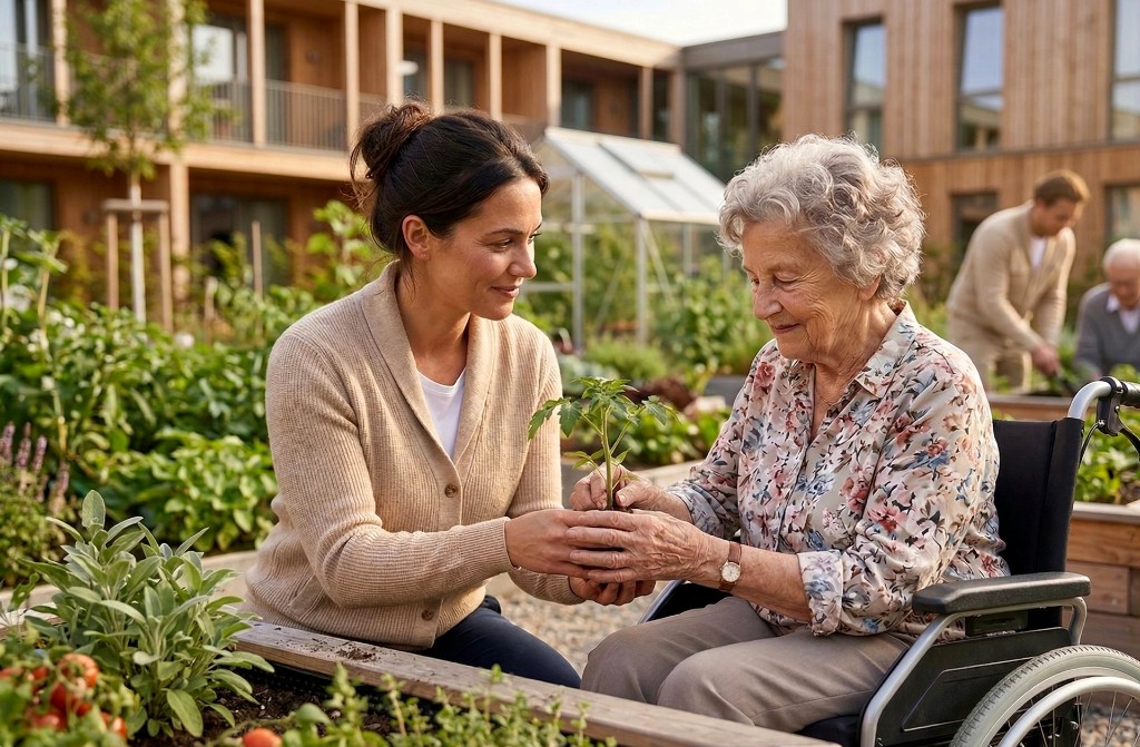 Rundumversorgung – Pflegekraft und Seniorin gemeinsam im Garten, ganzheitliche Betreuung und Lebensqualität