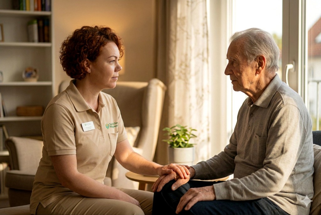 Pflegekraft hält die Hände eines Seniors – Vertrauen und einfühlsame Begleitung, Deutsches Pflegewerk